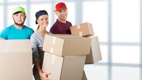 Professional movers carrying household items down stairs in Westwimbledon